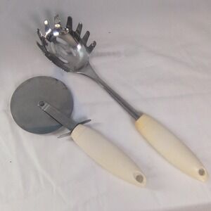 PYREX White & Silver Pasta Server & Pizza‎ Cutter, Stainless Steel, 2-Piece